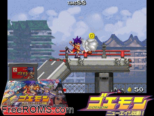 Goemon - New Age Shutsudou! (Japan) Gameboy Advance game showing 3D box cover and gameplay screenshot